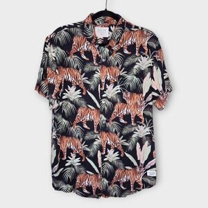 Duvin Men's Tiger Jungle Print Short Sleeve Button Down Shirt Lg Camp Holiday